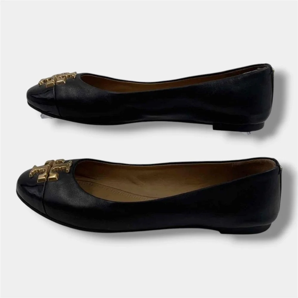 Tory Burch Ballet Flats Women 5.5 Black Excellent Leather Patent Logo Cap Toe